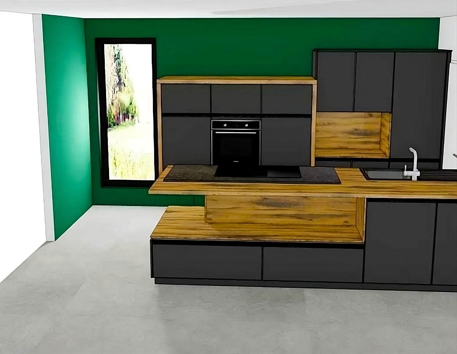 Modélisation 3d d'une cuisine avec un mur vert ainsi que des meubles en bois